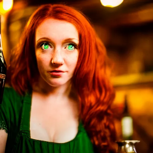 Image similar to beautiful bar maid with auburn hair and green eyes, in a medieval tavern at night, dramatic, cinematic, filmic, 7 5 mm, f / 1. 8