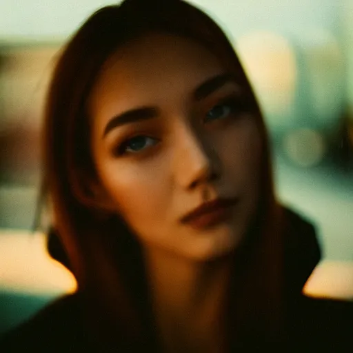 Image similar to a close-up of a gorgeous woman’s face looking at the camera with a mix of desperation and awe, soft blurred city background, captured in low light and sharp focus, cinestill 800t