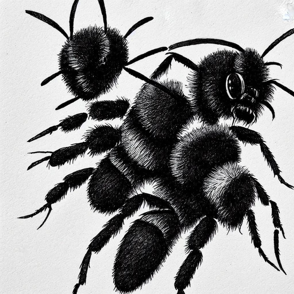 Image similar to a bumblebee with a jetpack on its back, drawn with a black 0. 3 mm fineliner on a white paper