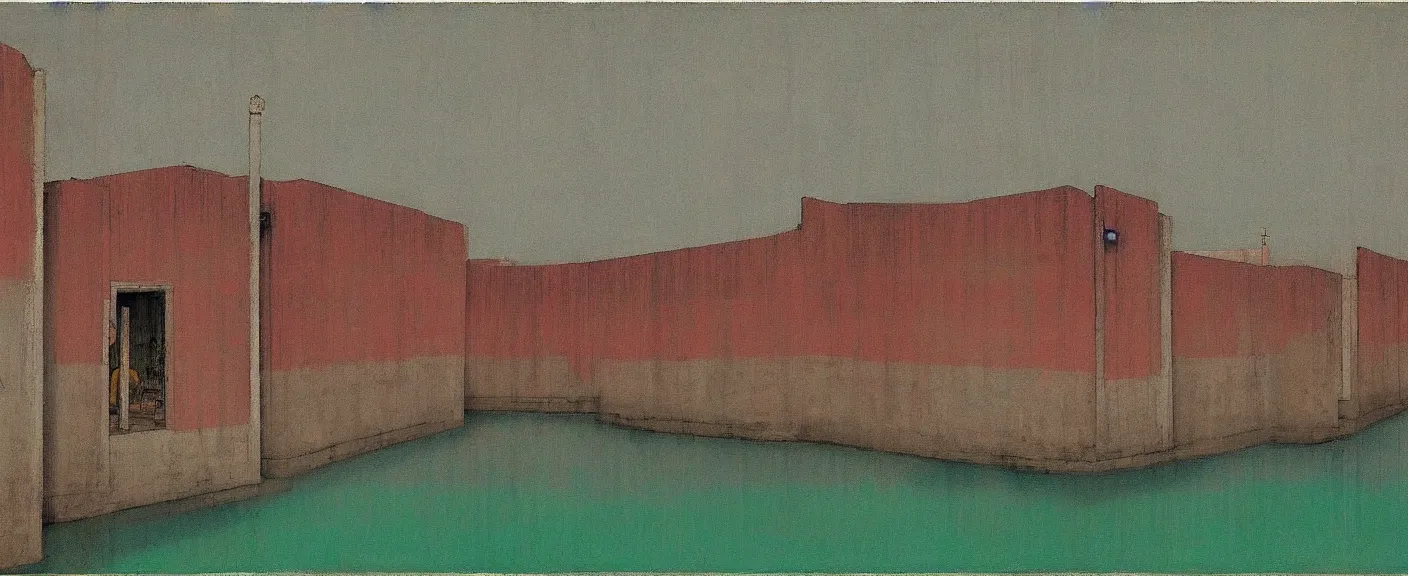 Image similar to a chinese prison near a river by peter doig, muted colors