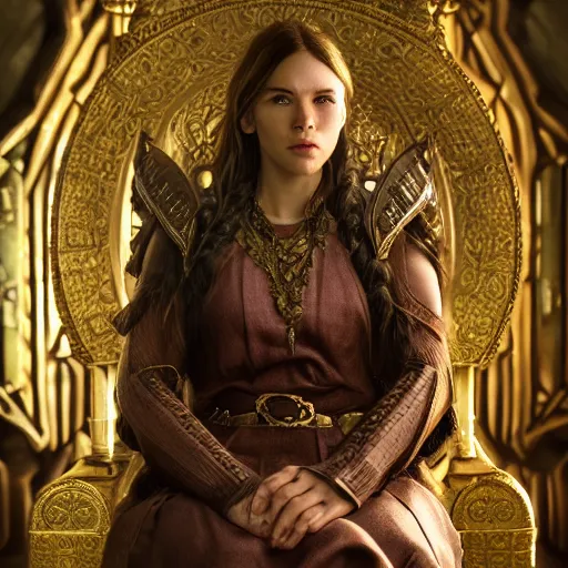 Image similar to the elder scrolls vi, charismatic regal brunette female jarl, portrait, throne room, atmospheric lighting, painted, intricate, volumetric lighting, beautiful, daytime, sunny weather, slight overcast, sharp focus, deep colours, ultra detailed, by leesha hannigan, ross tran, thierry doizon, kai carpenter, ignacio fernandez rios