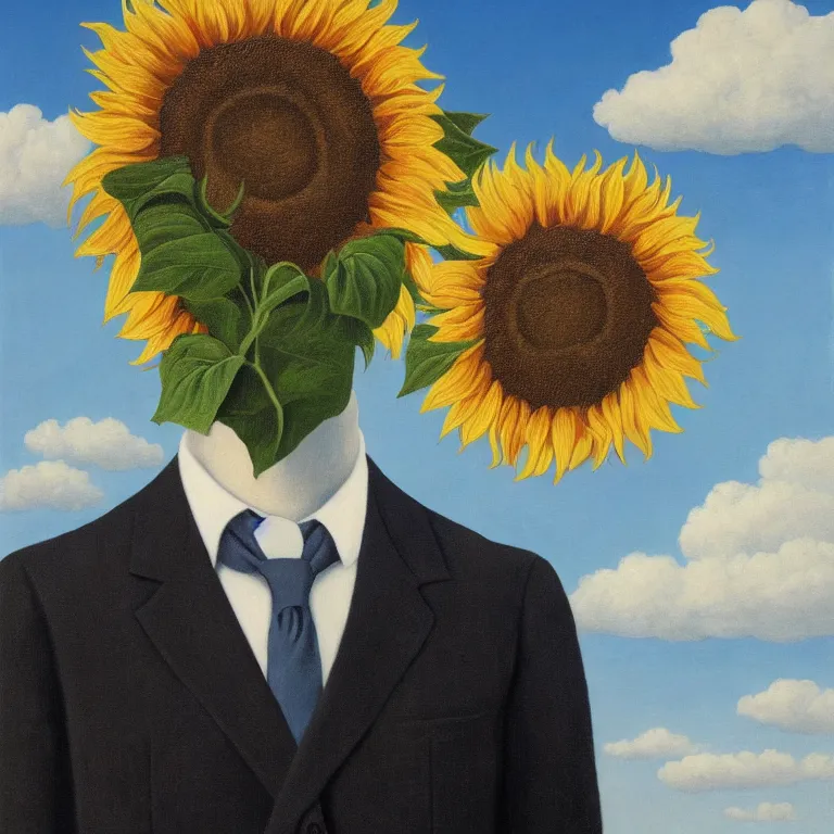 Prompt: portrait of a faceless sunflower - head man in a suit, clouds in the background, by rene magritte, detailed painting, distance, centered, hd, hq, high resolution, high detail, 4 k, 8 k