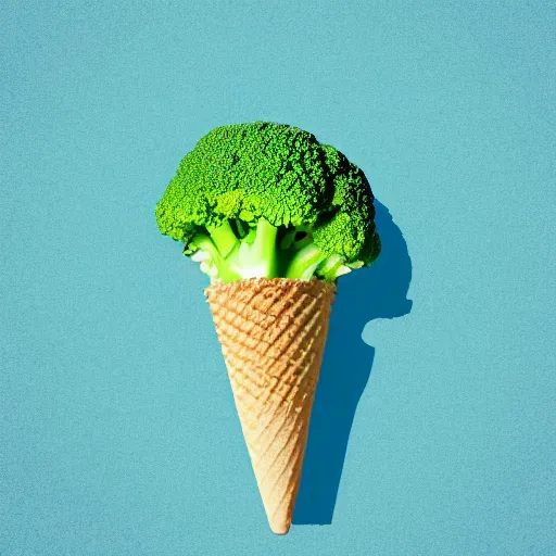 Image similar to a photograph of a levitating ice cream cone filled with broccoli