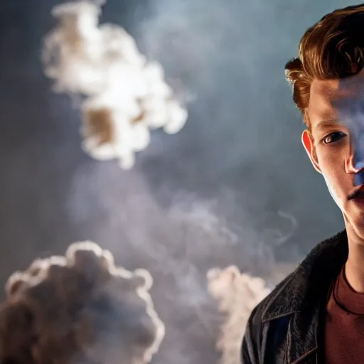 Image similar to tom holland getting arrest while exhaling a cloud of smoke, candid photography