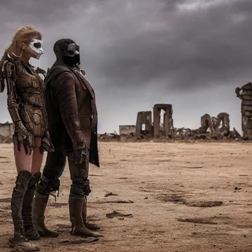 Image similar to a very huge, very big masked mutant man standing next to a small blonde woman, they are staring at the horizon where there are the ruins of a city, postapocalyptic, mad max style, award winning photograph, photo