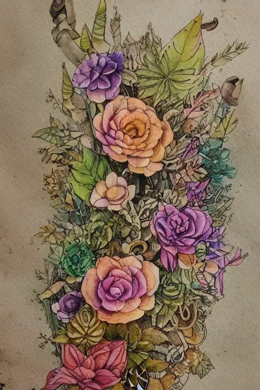 Prompt: watercolor steampunk botanical nature