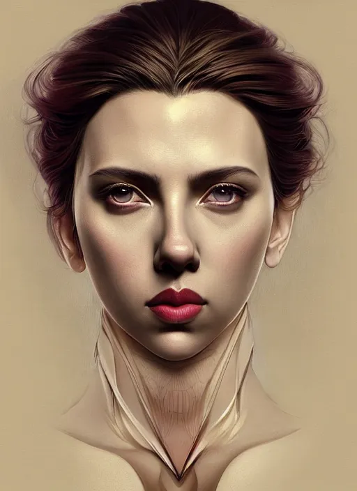 Image similar to symmetry!! scarlett johansson, geisha, machine parts embedded into face, intricate, elegant, highly detailed, digital painting, artstation, concept art, smooth, sharp focus, illustration, art by artgerm and greg rutkowski and alphonse mucha, 8 k