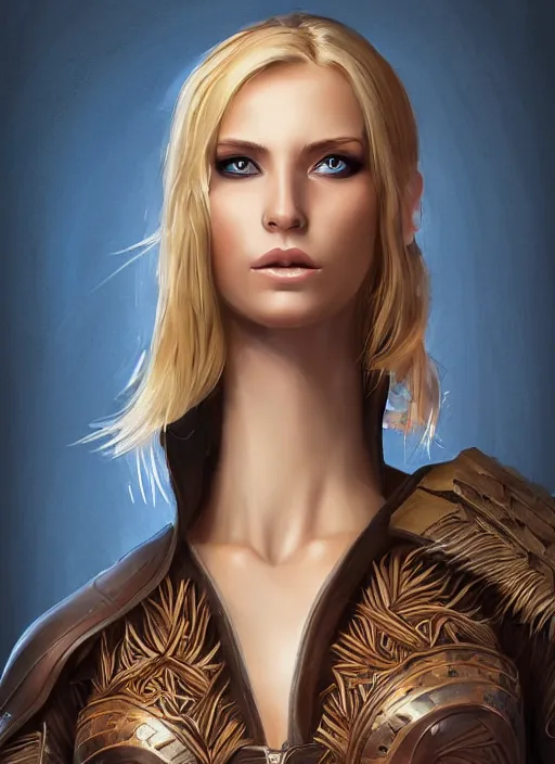 Prompt: full - body portrait of slavic young woman warrior, front, symmetrical, extremely detailed face, beautiful face, short blonde hair, blue eyes, digital painting, unreal engine, true anatomy, behance frm 4 6, art by evgeny zubkov
