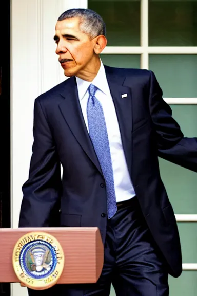 Image similar to a close up photo of obama aggressively opening a door