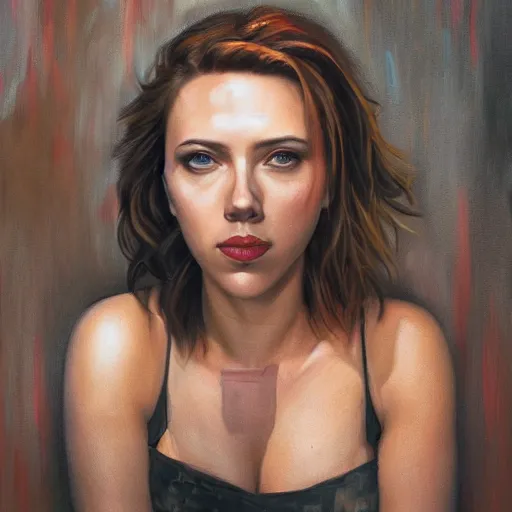 Image similar to oil painting of scarlett johansson as a cyborg