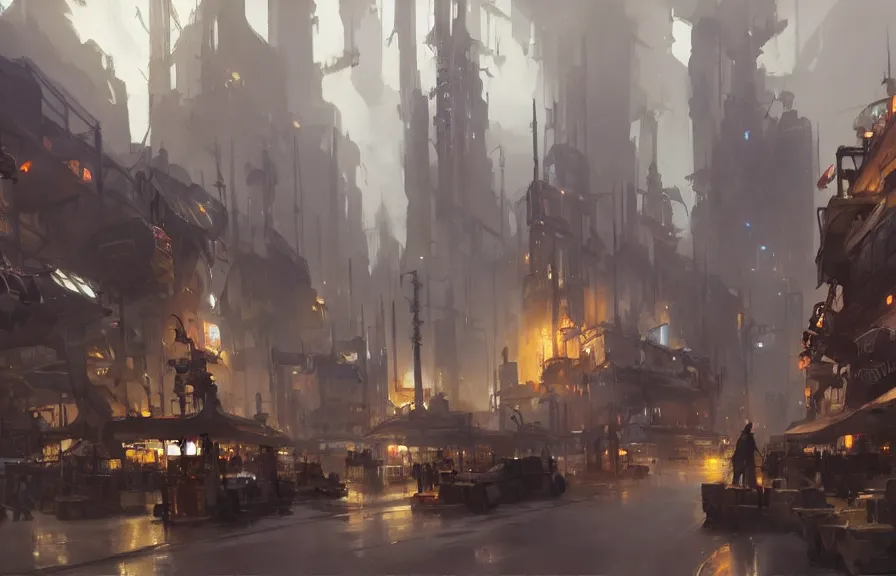 Image similar to greg manchess concept art of a dieselpunk city, key visual, ambient lighting, highly detailed, digital painting, artstation, concept art, sharp focus, by makoto shinkai and akihiko yoshida and hidari and wlop and greg rutkowski