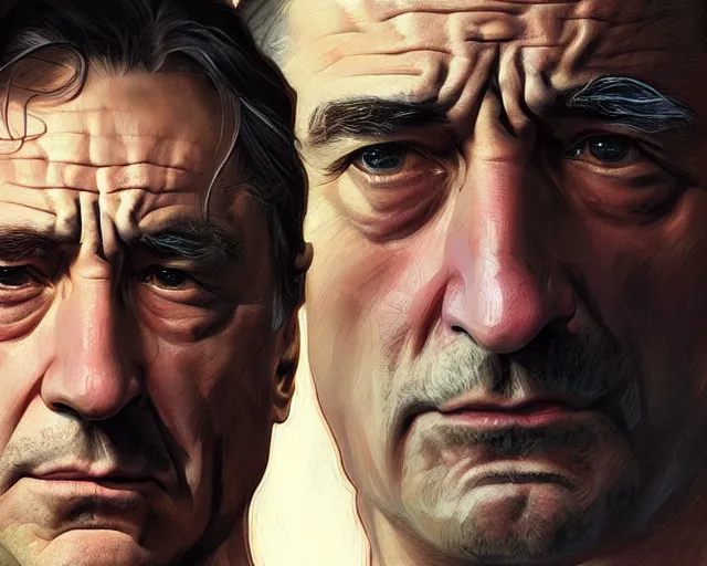 Image similar to portrait of a young robert de niro with a n angry face, intricate, highly detailed, digital painting, artstation, concept art, sharp focus, illustration, art by artgerm and greg rutkowski and alphonse mucha