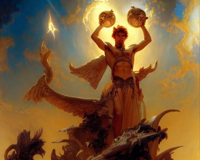 Prompt: attractive pagan male deity, summoning handsome lucifer morning star. highly detailed painting by gaston bussiere, craig mullins, j. c. leyendecker 8 k