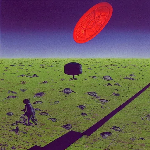 Prompt: ufos flying and pepe the frog throwing frisbees in the air, playing disc golf. cinematic horror by chris cunningham, junji ito, aleksandra waliszewska, richard corben, norman rockwell, highly detailed, vivid color, beksinski painting, part by adrian ghenie and gerhard richter. art by takato yamamoto. masterpiece