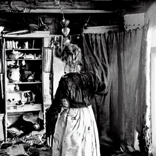 Prompt: a woman with stands in her messy house. folk horror. detailed.