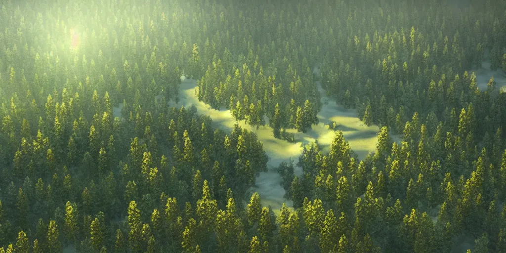 Prompt: looking down into a deep forested valley with small cottages in the distance, octane render, highly detailed, photorealistic, unreal engine