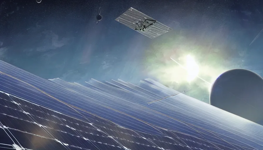 Prompt: sun hidden behind solar sail, seen from space, planet earth below, simon stalenhag