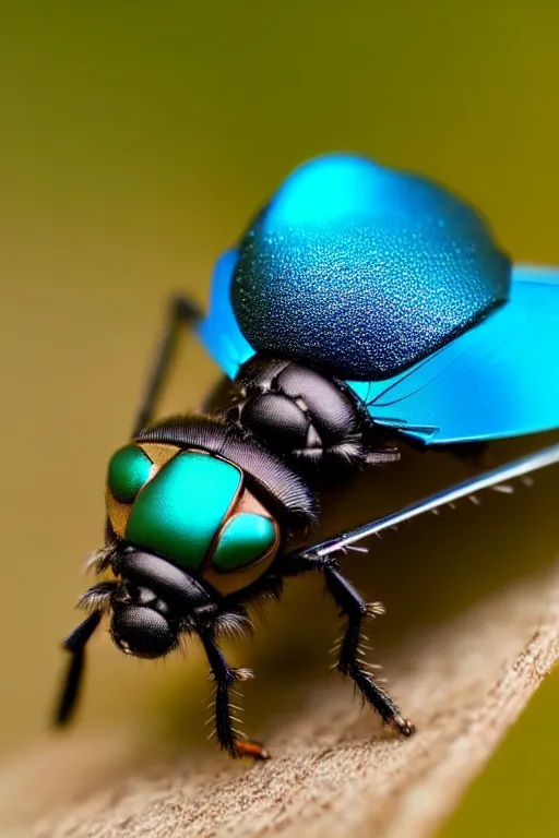 Image similar to high quality macro mecha metallic tachinid fly! gorgeous highly detailed hannah yata elson peter cinematic turquoise lighting high quality low angle hd 8k sharp shallow depth of field