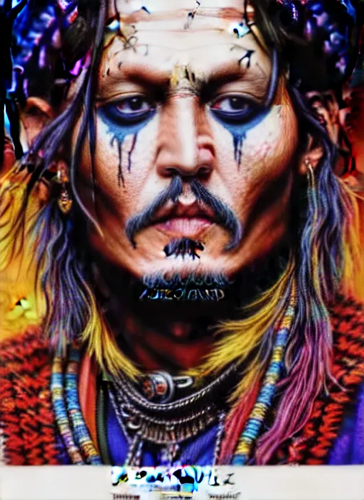 Image similar to portrait of johnny depp, hyper detailed ultra sharp aztec shaman warrior. trending on artstation, warpaint aesthetic, bloodwave, colorful, psychedelic, ornate, intricate, digital painting, concept art, smooth, sharp focus, illustration, art by artgerm and greg rutkowski and h. r. giger, 8 k