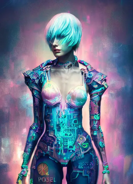 Image similar to detailed realistic full body colorful pastel painting of a cyberpunk female in intricate clothing, beautiful face, elegant pose, fantasy, illustration, insanely detailed and intricate, octane render, 4k