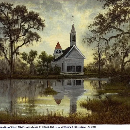 Image similar to 1 9 e century southern gothic scene, old white wooden church in bayou swamps, in louisiana, old painting style claude gellee