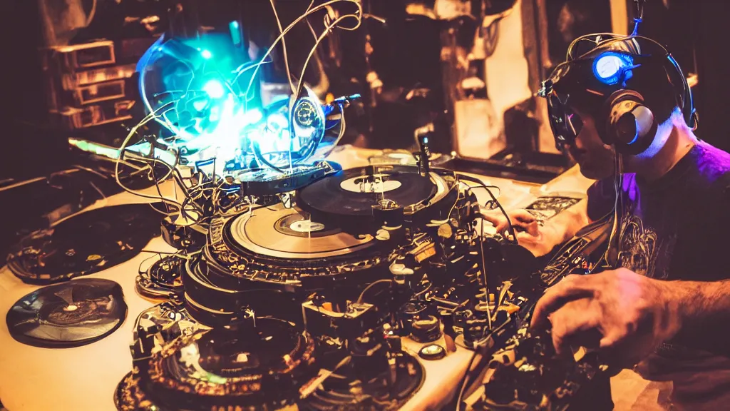 Prompt: a person wearing goggles and visor and headphones using a steampunk record player contraption, wires and tubes, turntablism dj scratching, intricate planetary gears, complex, cinematic, imax, sharp focus, iridescent, black light, fog, lasers