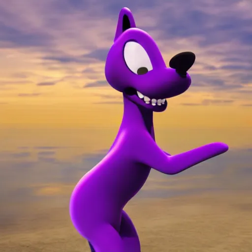 Prompt: a beautiful 3d render of a purple dog dancing, in the style of disney, dramatic clouds in background, the dog is doing a ballet dance, highly detailed, 8k resolution