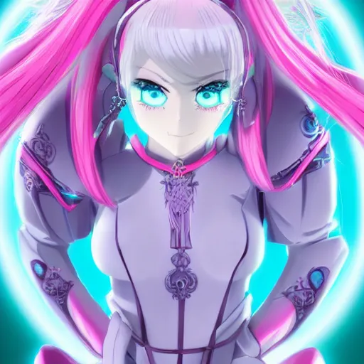 Image similar to stunningly beautiful omnipotent megalomaniacal anime goddess with porcelain skin, pink twintail hair and mesmerizing cyan eyes, symmetrical perfect face smiling in a twisted, mischievous, devious and haughty way while looking down upon the viewer, mid view, hyperdetailed, 2 d, 8 k