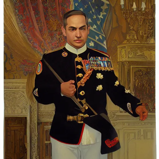 Prompt: side portrait of benjamin netanyahu wearing ornate marine uniform, rococo, baroque, by ashley wood and alphonse mucha and tim hildebrandt