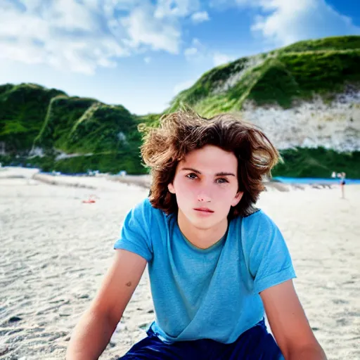 Image similar to beautiful teenage boy, around 22 yo, natural brown hair sitting on a deckchair on the beach facing the camera. Detailed face, blue sky. Award winning photograph.