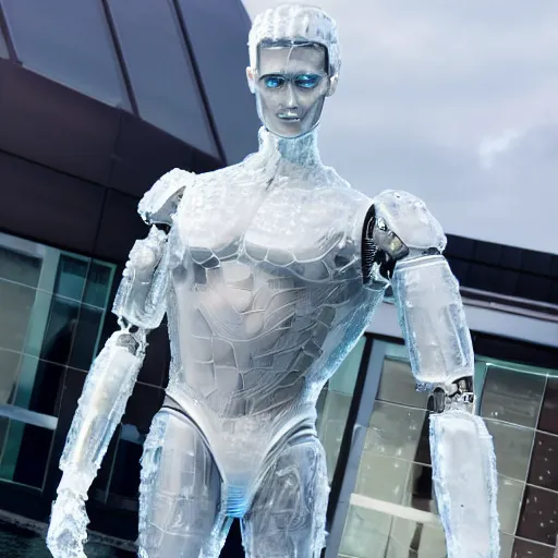 Image similar to made of ice, a realistic detailed photo of a guy who is an attractive humanoid who is half robot and half humanoid, who is a male android, on display, blank stare, showing off his muscles, shiny skin, posing like a statue, by the pool, frozen ice statue, twitch streamer / gamer ludwig, humanoid robot