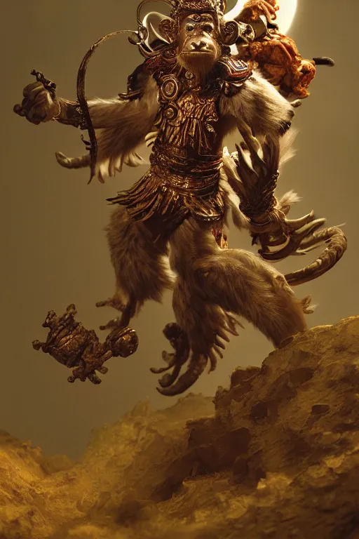 Image similar to monkey king photorealistic cosmic survival, 孫 悟 空 sun wukong, sci fi, painted by craig mullins, designed by sawoozer, akitipe studios, cone, bolt, worm, hog, mud