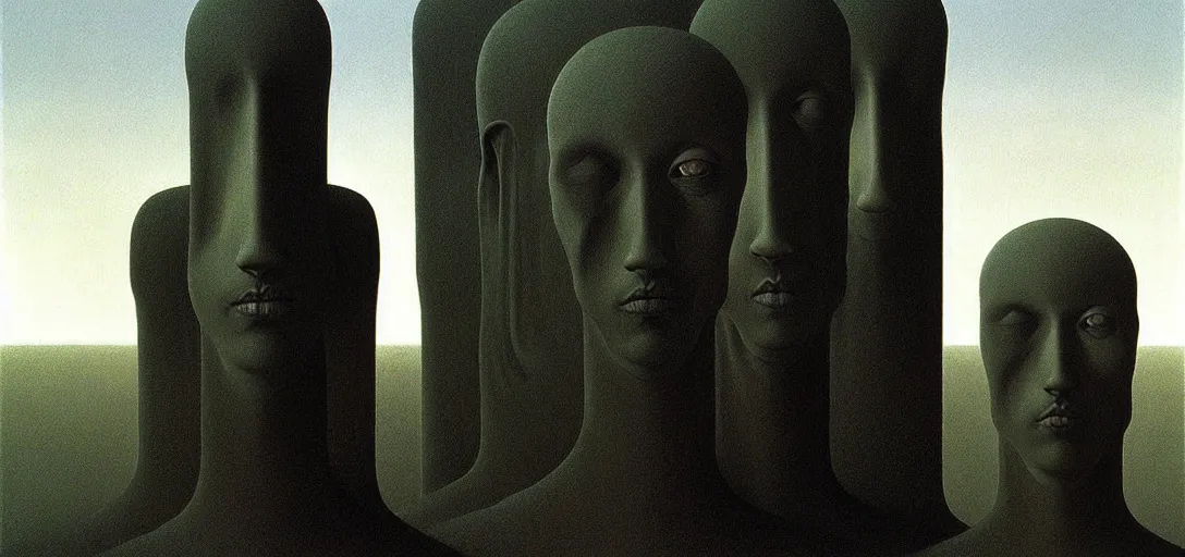 Image similar to dystopian surreal painting of a single eerie head statue surrounded by uneven buildings and alien monks in robes, artstyle by zdzisław beksinski and caravaggio