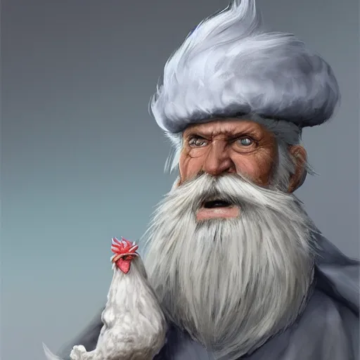 Prompt: character concept art of a kind old wizard with a long white beard looking a confused, holding a pet chicken perched top of his hat, wearing a blue robe, grey eyes, realistic, detailed, trending on ArtStation, by Tony Sart