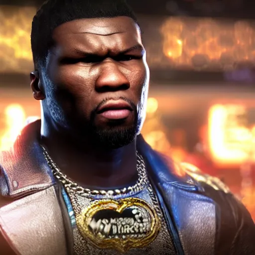 Prompt: a videogame still of 50 Cent in Tekken 7, portrait, 40mm lens, shallow depth of field, close up, split lighting, cinematic