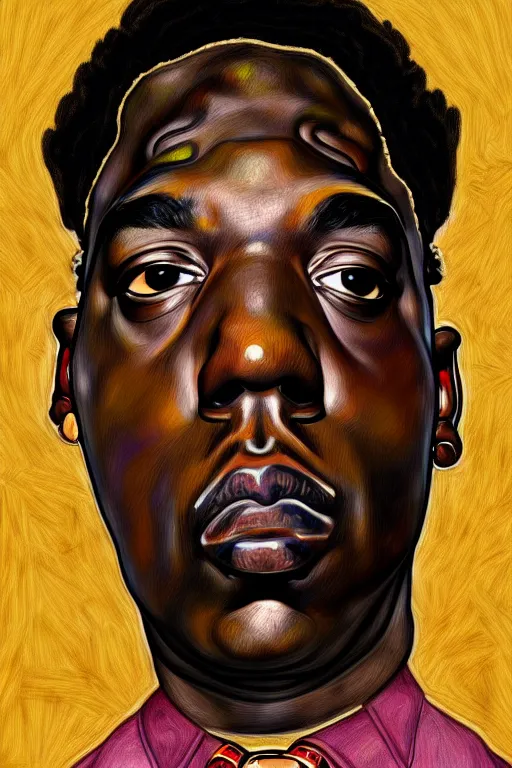 Image similar to a portrait of biggie small in style of egon schiele, masterpiece, hyperdetailed, complex, intricate, 4 k, trending on artstation