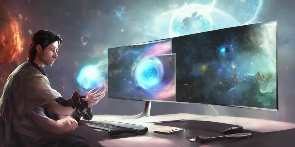 Prompt: a young mage creating a universe in his PC, a male mage in his 20s with black hair sitting in front of wide monitor. hyperrealistic, extremely detailed, award-winning art, trending on Artstation