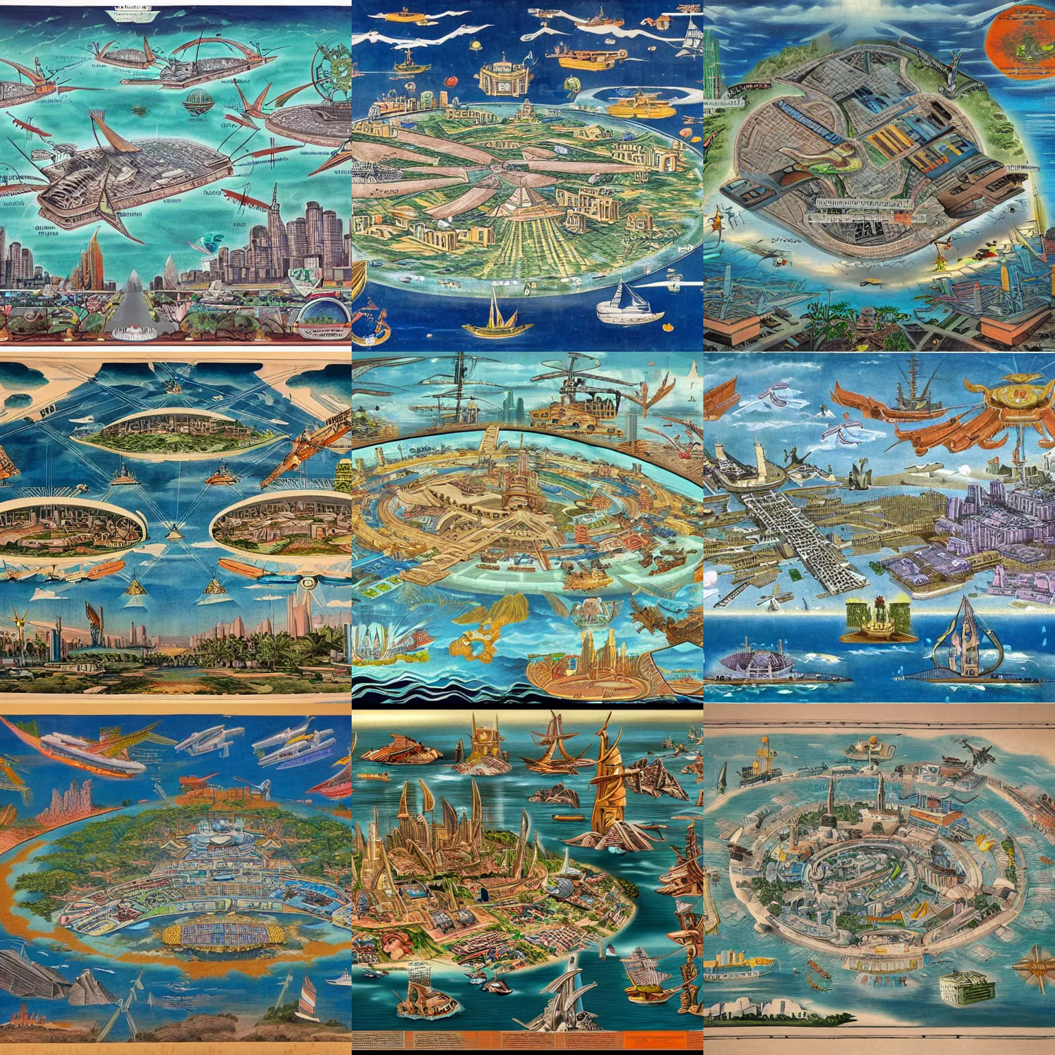 Prompt: a detailed map of a futuristic dystopian city located in an island surrounded by water with a few flying ships stationed around it, in the style of the mexican muralists, full color