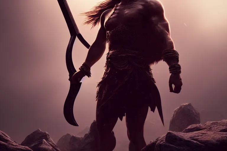 Image similar to biblical cain holding a lance, volumetric lighting, epic composition, hyper detailed, ultra realistic, sharp focus, octane render, volumetric, ray tracing, artstation trending, inspired by conan the barbarian, sense of awe, 4 k