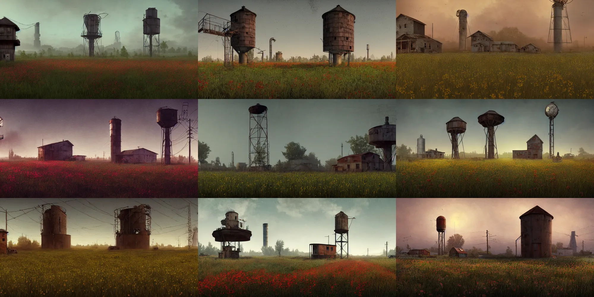 Prompt: rural post - cyberpunk, post - apocalyptic, farmhouse with a rusty water tower in a flower field by scott listfield and gregory crewdson, post - cyberpunk,! at night!, fog, 8 k render, trending on cgsociety, trending on artstation