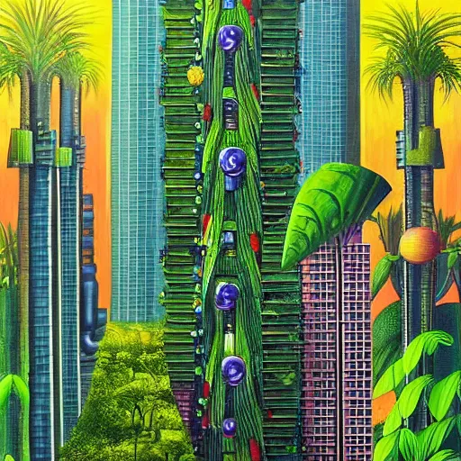 Image similar to a solar punk lush giant plants city, modern architecture by ricardo bofill, city of the jungle, by enrich, victorenrich, galactic nebula, surrealist oil painting