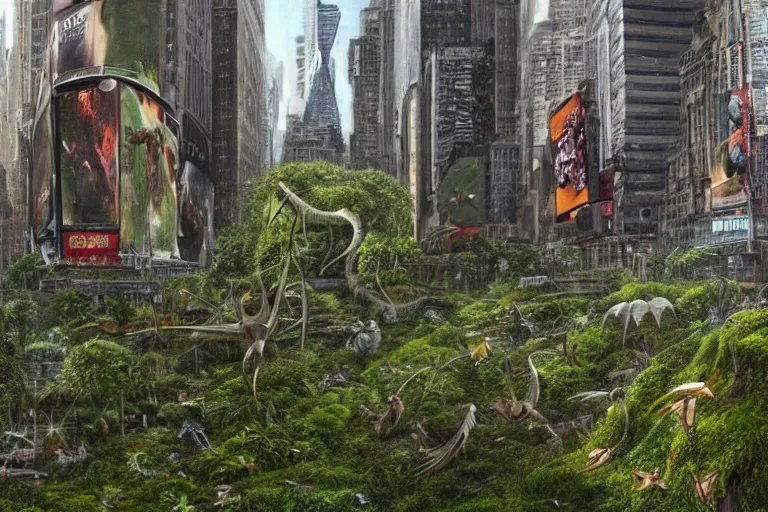 Image similar to an epic landscape view of vines and moss growing all over times square in new york city, moss, jungle, with pterosaurs flying, close - up, low angle, wide angle, atmospheric, volumetric lighting, cinematic, very realistic, sharp, highly detailed digital art, painted by tyler edlin