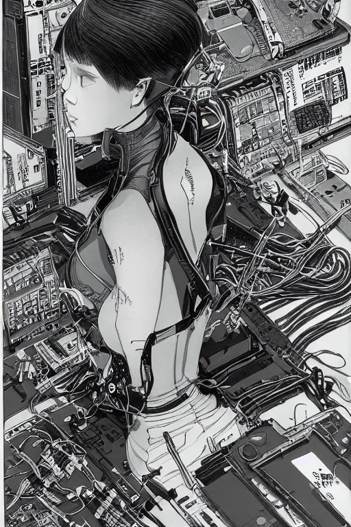 Prompt: an hyper-detailed cyberpunk illustration of a female android seated on the floor in a tech labor with a bob haircut, seen from the side with her body open showing cables and wires coming out, by masamune shirow, and katsuhiro otomo, japan, 1980s, centered, colorful