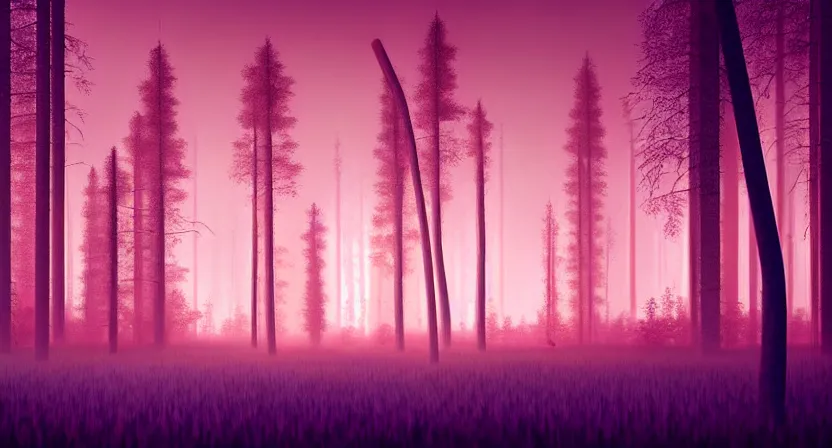 Image similar to national geographic photo of dark russian forest, soft colors, bright neon on trees, retro-futurism, atomic heart game concept render