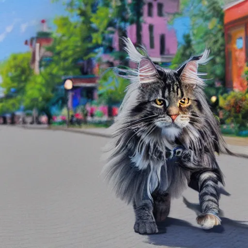 Prompt: a maine coon in maine walking down main street, 4 k, digital illustration,