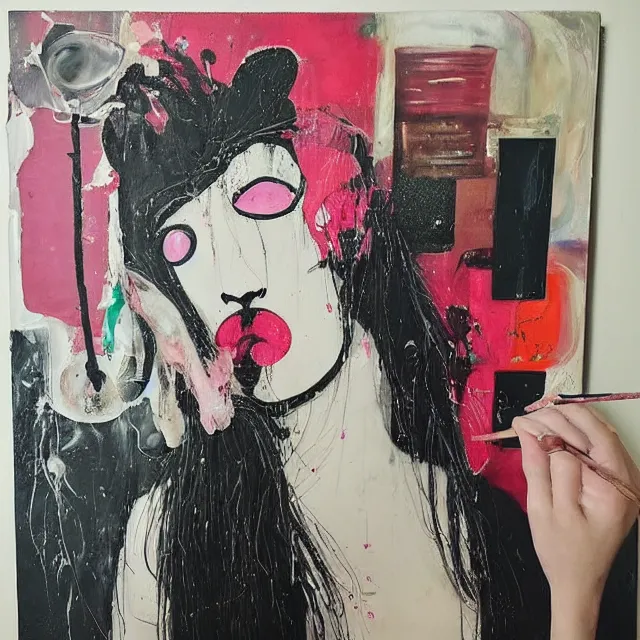 Image similar to “ a portrait in a female art student ’ s apartment, sensual, a pig theme, art supplies, paint tubes, ikebana, herbs, a candle dripping white wax, black walls, squashed berries, berry juice drips, acrylic and spray paint and oilstick on canvas, surrealism, neoexpressionism ”