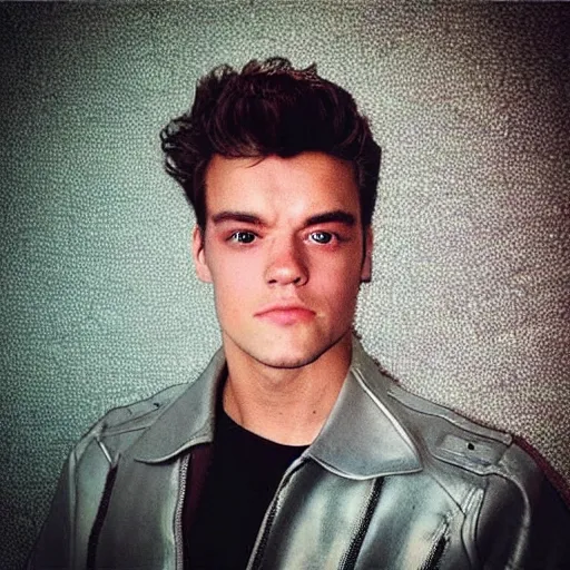 Image similar to “a realistic detailed photo of a guy who is the terminator robot, a cyborg consisting of living tissue over a robotic endoskeleton, who is a male android, Ethan Dolan, posing like a statue, blank stare”