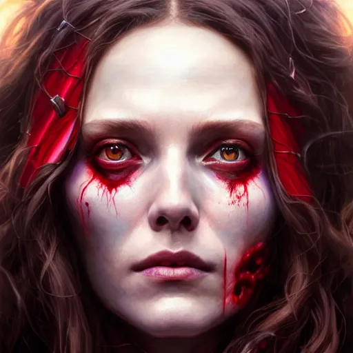 Image similar to portrait painting of wanda maximoff scarlet witch as a zombie, ultra realistic, concept art, intricate details, eerie, highly detailed, photorealistic, octane render, 8 k, unreal engine. art by artgerm and greg rutkowski and charlie bowater and magali villeneuve and alphonse mucha