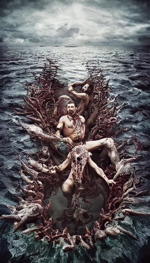 Image similar to man on boat crossing a body of water in hell with creatures in the water, sea of souls, by kirsty mitchell