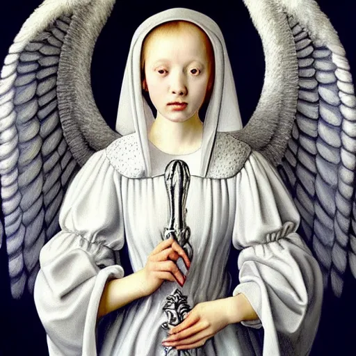 Image similar to highdetailed hyperrealistic painting of white angel!!! no gender smiling noface!!!, light instead of hands, white sparkles everywhere, 4 k hd face!!!, big silver high detailed wings!!!, renaissance, by jan van eyck, by gerhard richter, holography space, glow effect, large strokes, monochrome!!!!!